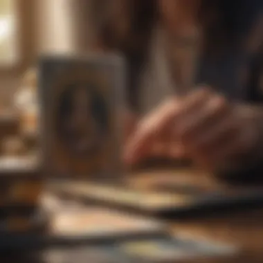 Reflection through Tarot An individual engaged in deep reflection while examining tarot cards