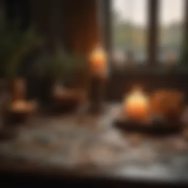 Setting for a Tarot Reading A serene setting with candles, crystals, and tarot cards arranged for a reading.