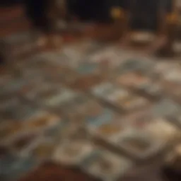 A detailed view of tarot cards spread out on a table, showcasing their intricate designs and symbols.