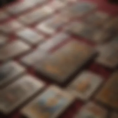 Intricate Tarot Card Designs An array of tarot cards spread out on a velvet table, showcasing intricate designs and symbols.