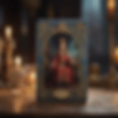 Exploring Tarot Symbolism A close-up of a single tarot card depicting a vivid symbolic scene, emphasizing its details.