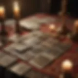 A close-up of tarot cards spread out on a mystical cloth, with candles flickering nearby.