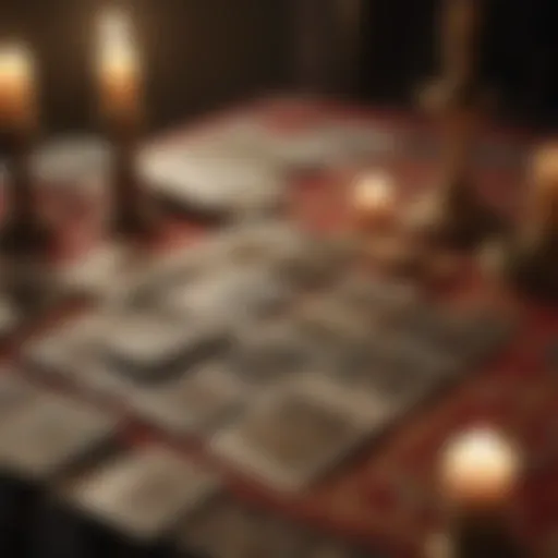 A close-up of tarot cards spread out on a mystical cloth, with candles flickering nearby.