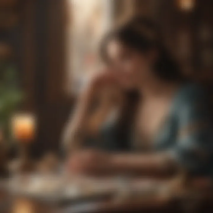 A serene setting with a person deep in thought while contemplating tarot card meanings.