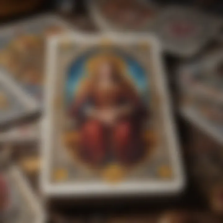 Close-up of tarot cards with intricate designs, showcasing their meanings.