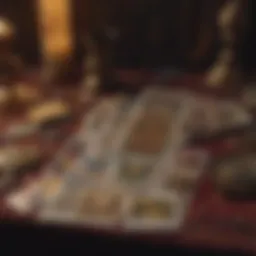 An intricate tarot card spread featuring various cards laid out on a velvet cloth.